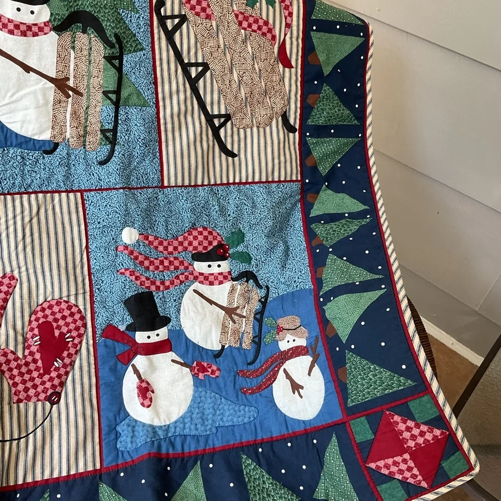 Festive Snowman Holiday Vtg Fabric Quilt wall hanging banner Flag Decor 34